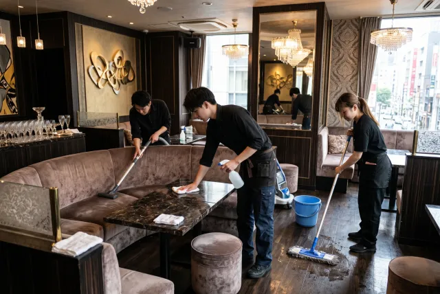 ナイトワーク店舗を女性と男性のスタッフが清掃している